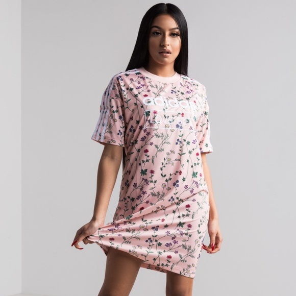 adidas pink floral dress Adidas dress pink floral sleeve girl size 2XS 5-6 new adidas original 3  stripes